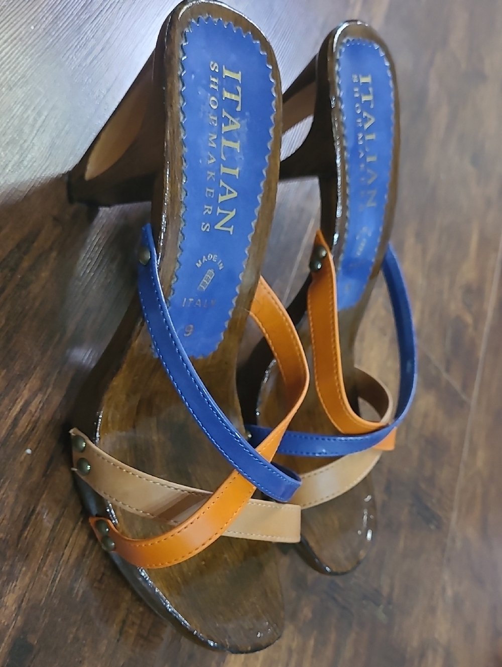 Italian Shoemakers Blue & Tan Strappy High-Heel Sandals Wood Size 9